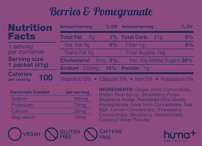 Huma Plus (Double Electrolytes) - Chia Energy Gel, Berries & Pomegranate, 24 Gels - Stomach Friendly, Real Food Energy Gels