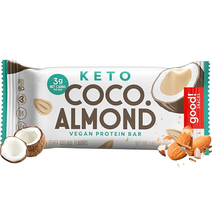 good! Snacks Keto Vegan Protein Bars, Coconut Almond, Gluten Free Keto Snack Bar, Low Carb, Low Sugar Meal Replacement, High Protein Healthy Snacks, 10g Protein, 3g Net Carbs, 12 Bars