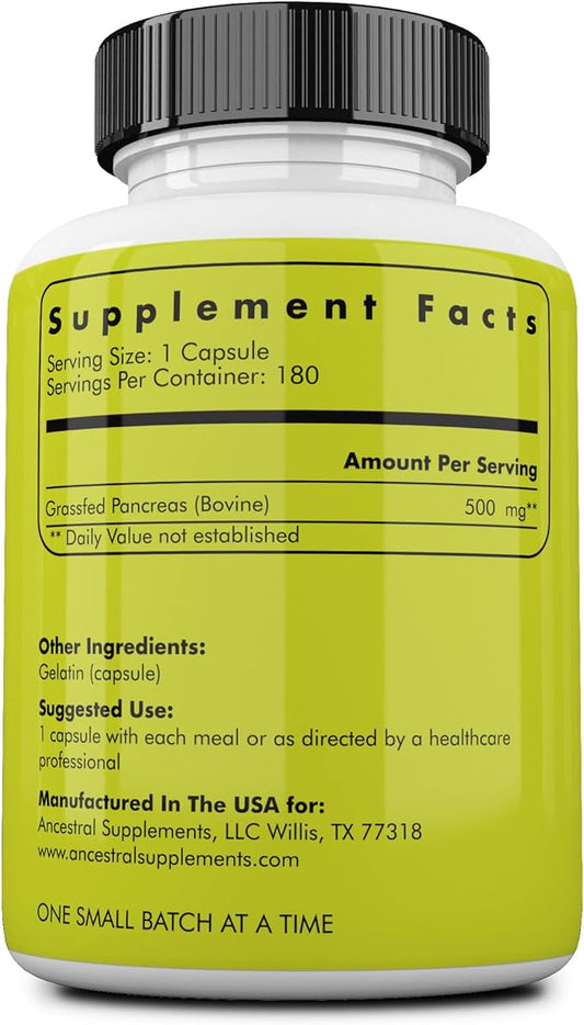 Ancestral Supplements Grass Fed Beef Pancreas 500mg, Pancreatic 180 Capsules