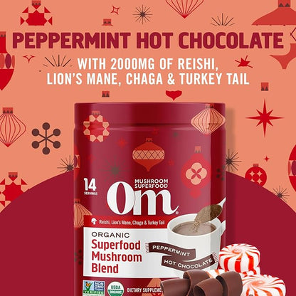 OM Mushroom Superfood Peppermint Hot Chocolate Superfood Mushroom Blend, 4.44 oz, 14 Servings, for Immune Health