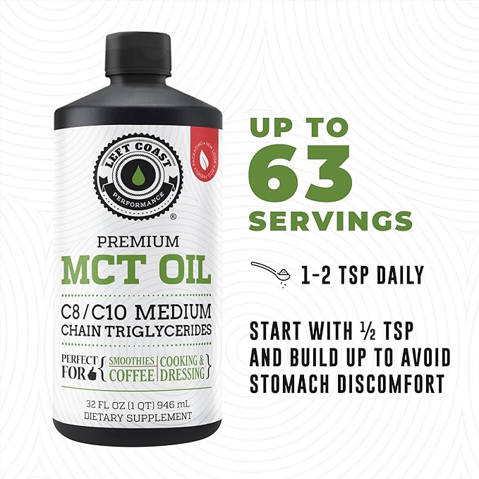 100% Coconut MCT Oil Liquid - MCT Oil C8 C10 for Sustained Mental Energy & Focus Support Great for Smoothies Salads Coffee & More - Palm Free Vegan Keto & Paleo Friendly 60+ Servings (32 Fl Oz)