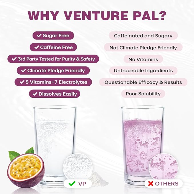 Venture Pal Sugar Free Electrolyte Powder Packets - Liquid Daily IV Drink Mix for Rapid Hydration & Party Recovery | 5 Vitamins & 7 Electrolytes| Keto Friendly | Non-GMO | Certified Vegan | 16 Sticks