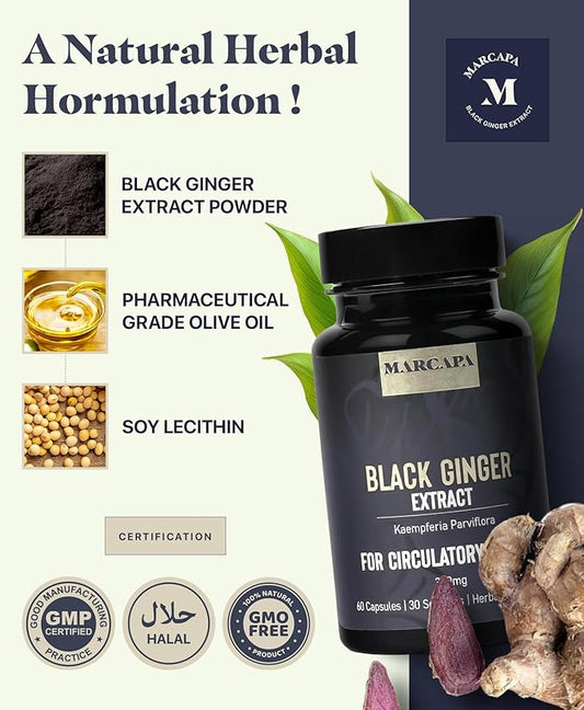 Marcapa Black Ginger Root Supplement - 60 Softgels | Organic Ginger Extract for Cardiovascular & Metabolic Support | Enhanced Energy & Endurance | Optimal Absorption with Olive Oil