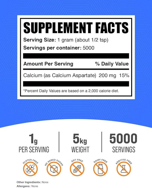 BulkSupplements.com Calcium Aspartate Powder - Calcium Supplement Powder, Calcium Aspartate 200mg - Gluten Free, 1000mg (200mg Calcium) per Serving, 5kg (11 lbs) (Pack of 5)