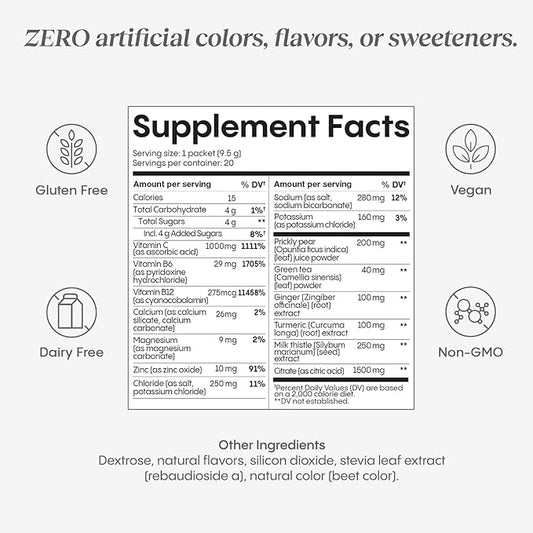 Hydralyte Liver Support + Electrolyte Mix with Milk Thistle, Turmeric, Ginger, Prickly Pear, Green Tea Extract Formulated for Rapid Rehydration (Blood Orange Ginger, 20 Packets)