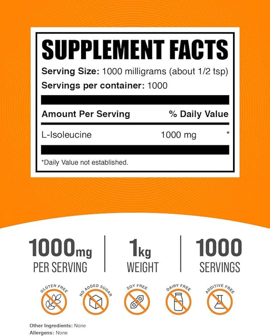 BulkSupplements.com L-Isoleucine Powder - Isoleucine Supplement, BCAA Supplement - Amino Acid Supplement, Unflavored & Gluten Free, 1000mg per Serving, 1kg (2.2 lbs) (Pack of 1)