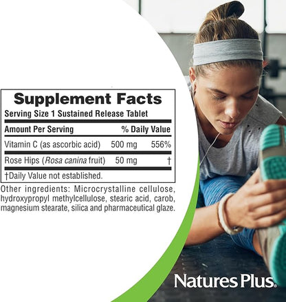 Natures Plus Vitamin C with Rose HIPS - 500 mg, 90 Vegetarian Tablets - Corn-Free, Gluten-Free - 90 Servings