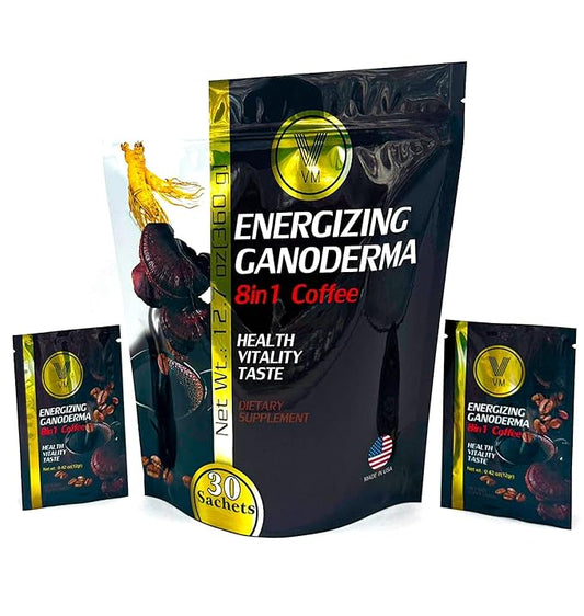VM Energizing Mushroom Coffee-Reishi with Ginseng supplement.8-in-1 Mushroom USA.(30)S