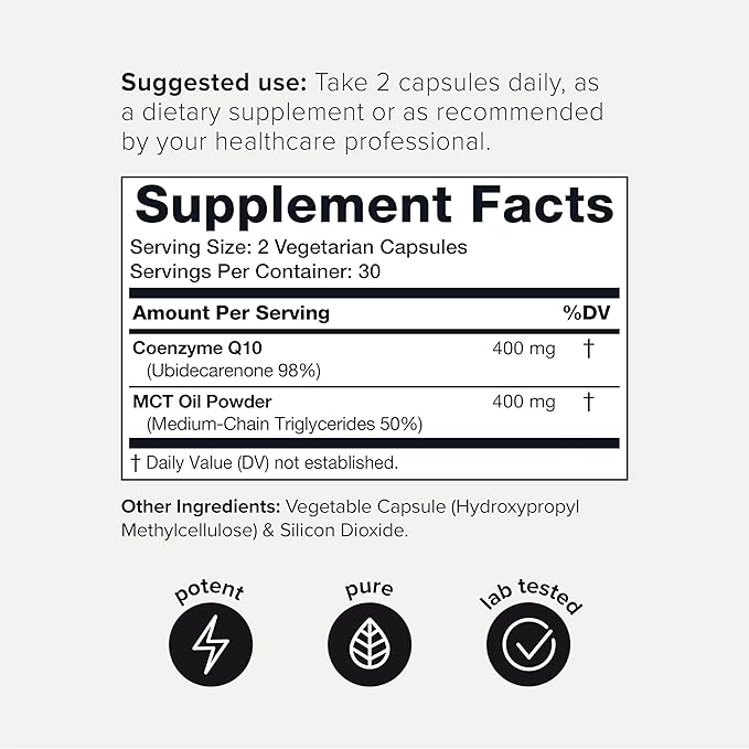 Ultra High Purity CoQ10 400mg 98% Purified CoQ10 Supplement Q10 -Bioavailable -60 Veggie