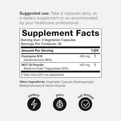 Ultra High Purity CoQ10 400mg 98% Purified CoQ10 Supplement Q10 -Bioavailable -60 Veggie