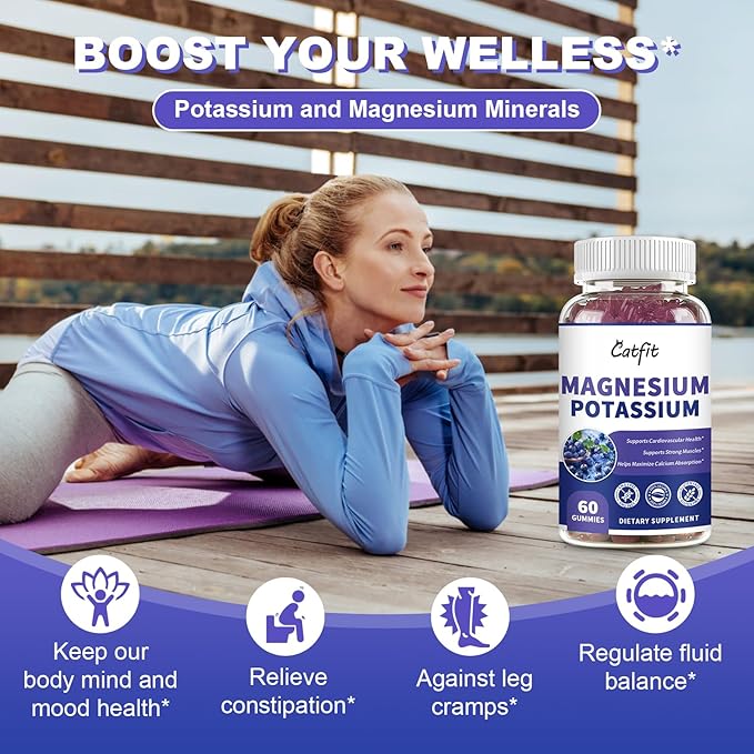 Potassium Magnesium Supplement Gummies,Magnesium Glycinate 500mg,Potassium Gluconate 99mg,Triple Magnesium Complex 1700mg,Calcium,Zinc,Vitamin D3 for Leg Cramps,Sleep,Immunity & Energy,60 Ct Blueberry