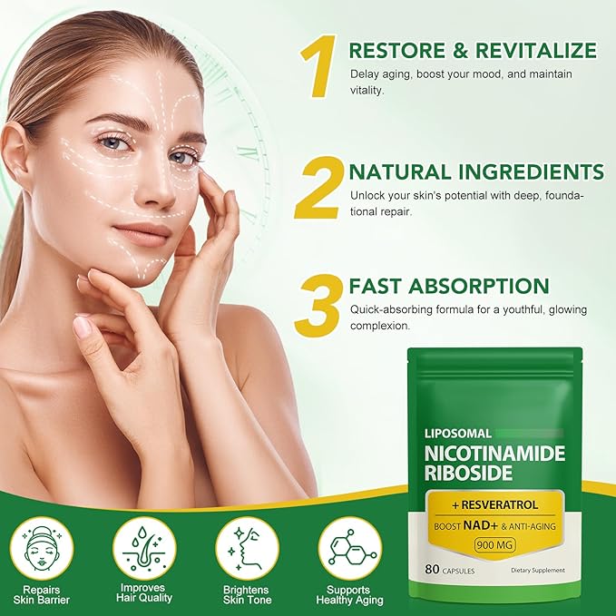 NAD Supplement, 900mg - Liposomal Nicotinamide Riboside NAD+ Supplement with Resveratrol Supports Muscle, Brain, Cellular Energy - NMN Supplement Alternative for Men and Women, 80 Capsules (Pack of 1)