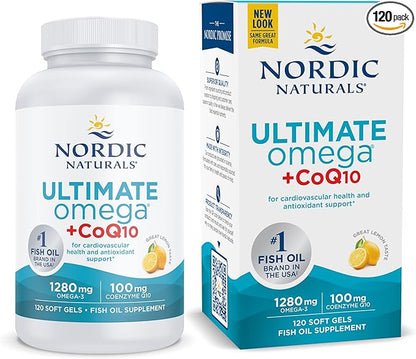 Nordic Naturals Ultimate Omega + CoQ10, Lemon 120 Soft 1280 mg Omega-3 + 100 mg CoQ10 - 60 Servings