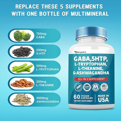 GABA 750mg 5 HTP 200mg L 500mg L 200mg Ashwagandha 3000mg SAM-e 60 Capsules