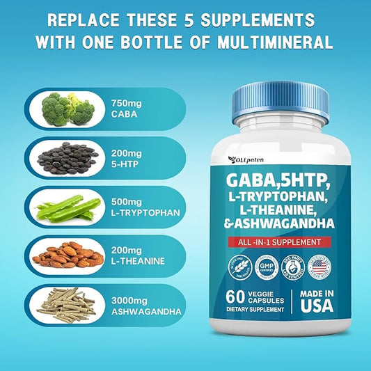 GABA 750mg 5 HTP 200mg L 500mg L 200mg Ashwagandha 3000mg SAM-e 60 Capsules