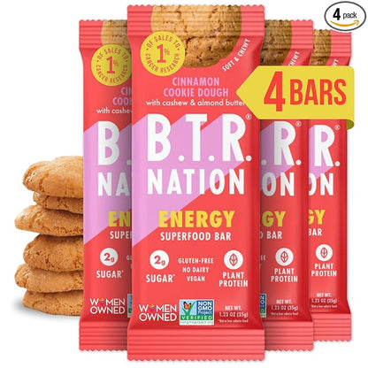 B.T.R. Bar Superfood Keto Protein Bars, Plant Based Vegan Protein, Low Carb Food, Low Calorie, Gluten Free, No Sugar Alcohols, Boosted with Superfoods (4 Pack) (Cinnamon Cookie Dough ENERGY)
