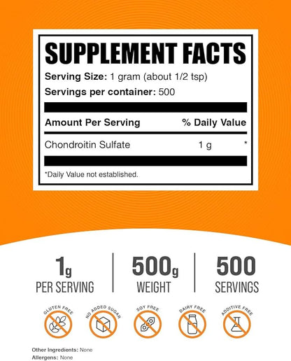 BulkSupplements.com Chondroitin Sulfate Powder - Chondroitin Sulfate Supplements, Chondroitin Sulfate 1000 mg - Gluten Free, 1000mg per Serving, 500g (1.1 lbs) (Pack of 1)