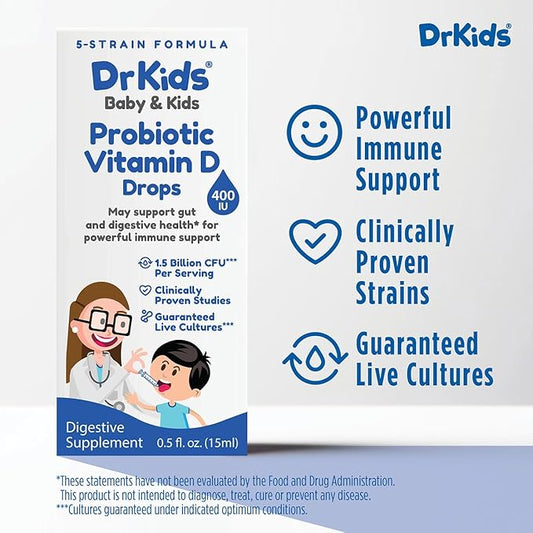 Dr. Kids Probiotic Vitamin D Drops - Supports Infant & Child Gut Health, Helps Reduce Gas, Colic & Fussiness, Baby Probiotic Drops with Vitamin D3, Pediatrician Recommended, Unflavored, 15ml (1 Pack)