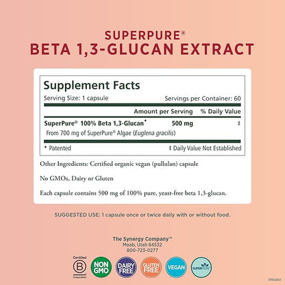 PURE SYNERGY SuperPure Beta 1,3-Glucan Extract 500 mg 1,3-Glucan Supplement (60 Capsules)