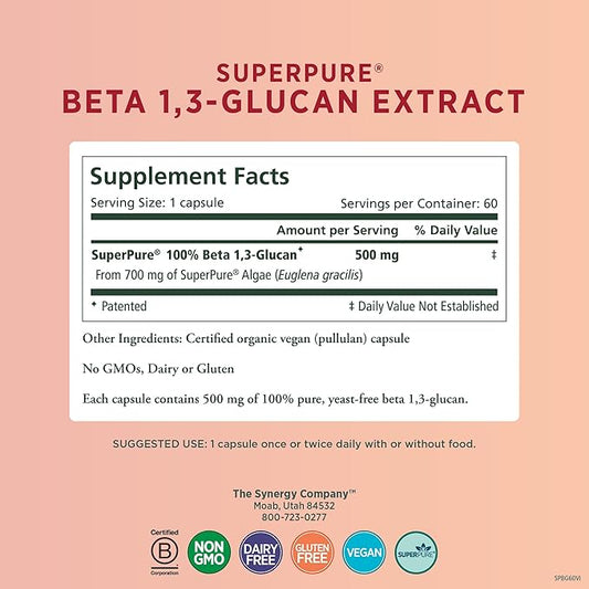 PURE SYNERGY SuperPure Beta 1,3-Glucan Extract 500 mg 1,3-Glucan Supplement (60 Capsules)