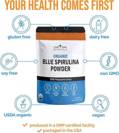Organic Blue Spirulina Powder, 120 Servings - 100% Pure Superfood Blue-Green Algae, Natural Food Coloring for Smoothies & Protein Drinks - Non GMO, Gluten-Free, Vegan + USDA Certified, No Fishy Smell