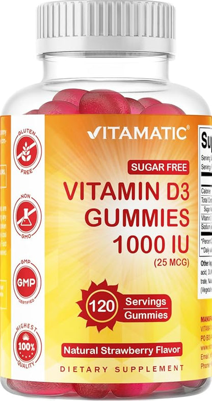Vitamatic Sugar Free Vitamin D3-120 Pectin Based Gummies - Great Taste - Healthy Bones, Mood & Immune System Function - Non-GMO - 120 Servings (1000 IU)