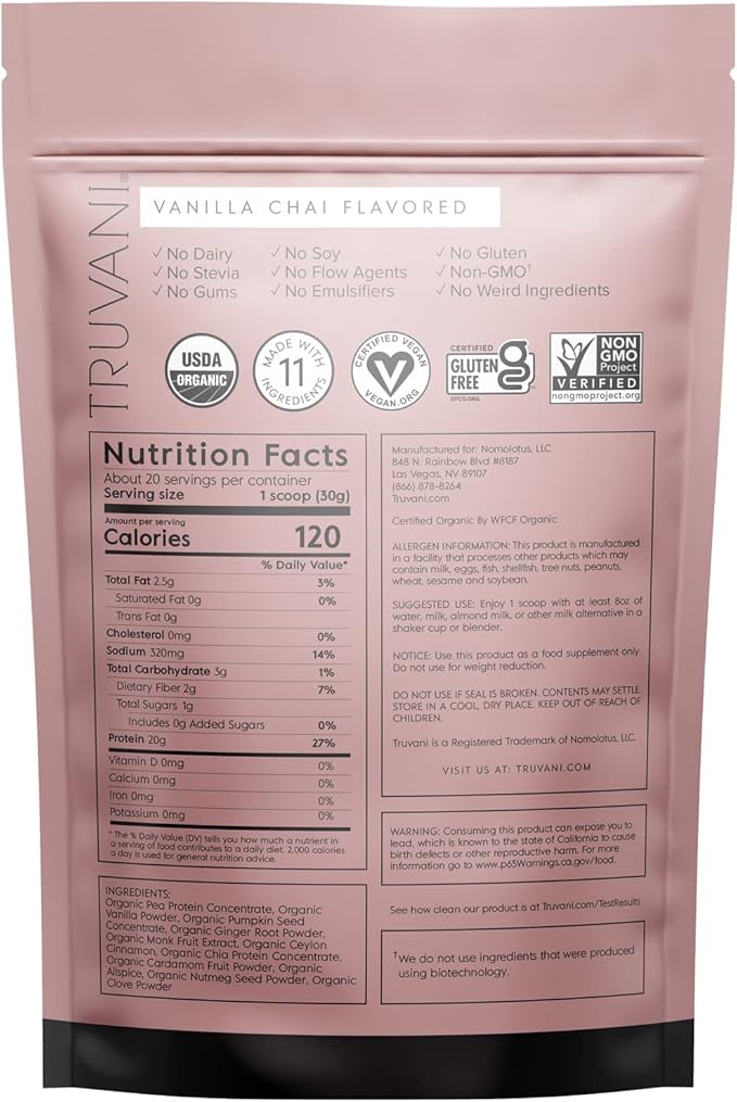 Truvani Vegan Pea Protein Powder 20g Organic 20 Servings