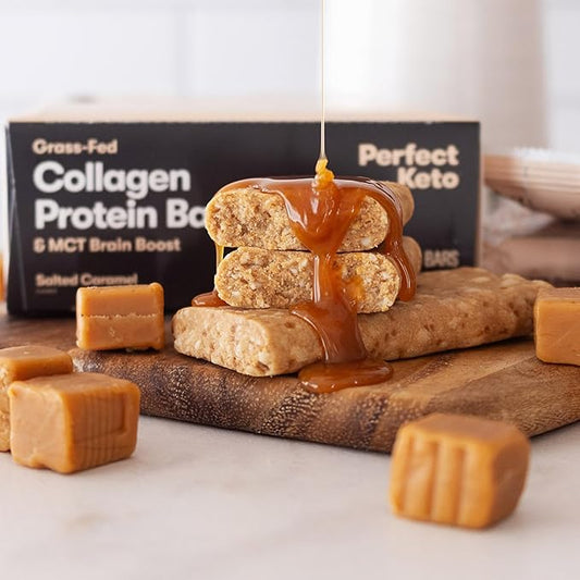Perfect Keto Collagen Protein Bar, Gluten Free with Grass Fed Collagen + MCT Oil, Low Carb, No Sugar Added, High Protein Snacks, Keto Diet Foods, 10g Protein, 19g Fat, 2g Net Carbs, Salted Caramel, 12 Bars