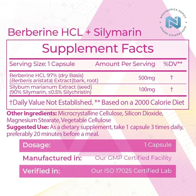 Nootropics Depot Berberine HCL + Silymarin Capsules 500mg + 90mg | 180 Count
