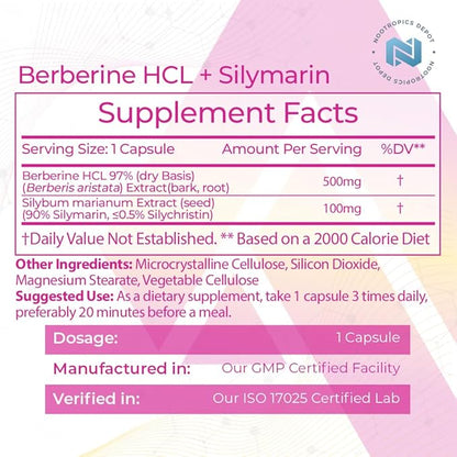Nootropics Depot Berberine HCL + Silymarin Capsules 500mg + 90mg | 180 Count