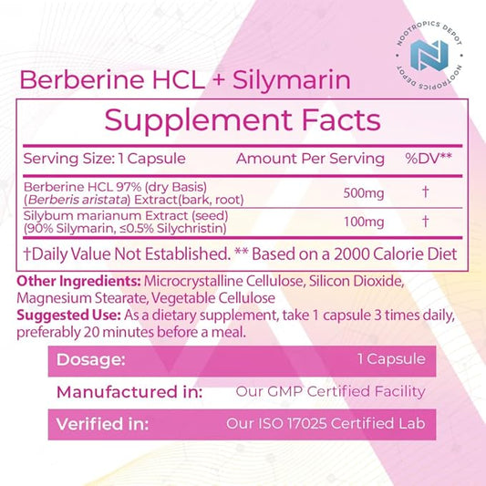 Nootropics Depot Berberine HCL + Silymarin Capsules 500mg + 90mg | 180 Count