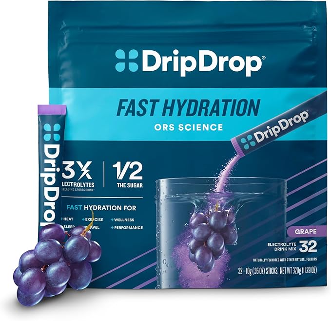 DripDrop Hydration - Grape - Electrolyte Drink Mix Single Serve Powder Packets | Non-GMO, Gluten Free, Vegan | 32 Sticks