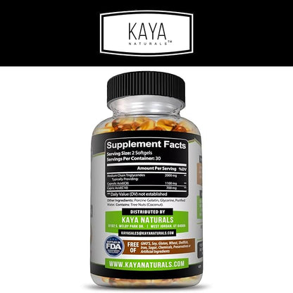 Kaya Naturals MCT Oil 2000mg - Non-GMO, Soy-Free, Gluten-Free - Brain, Digestive & Skin Health - 30 Softgels