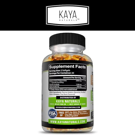 Kaya Naturals MCT Oil 2000mg - Non-GMO, Soy-Free, Gluten-Free - Brain, Digestive & Skin Health - 30 Softgels