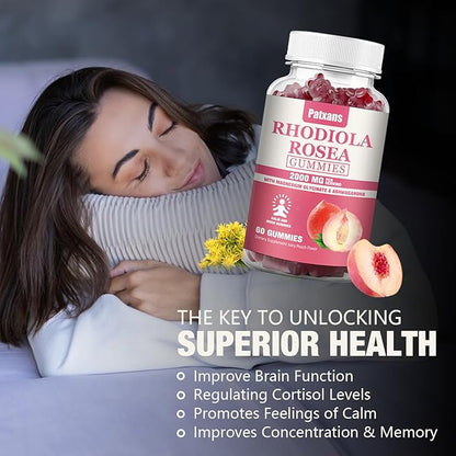 1 Pack 2000MG Sugar Free Rhodiola Rosea Gummies-Rhodiola Supplement ＆ Cortisol Reducer for Endurance, Mood ＆ Stress, Sleep ＆ Fatigue Relief Support, Non-GMO, 60 Tablets Vegetarian Chews