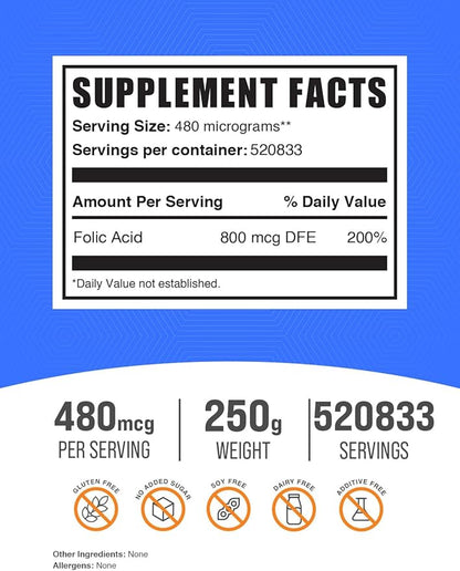 BulkSupplements.com Folic Acid Powder - Vitamin B9, Folic Acid Supplement - Folic Acid Prenatal Vitamins, Folic Acid 800 mcg - Gluten Free, 480mcg per Serving, 250g (8.8 oz) (Pack of 1)
