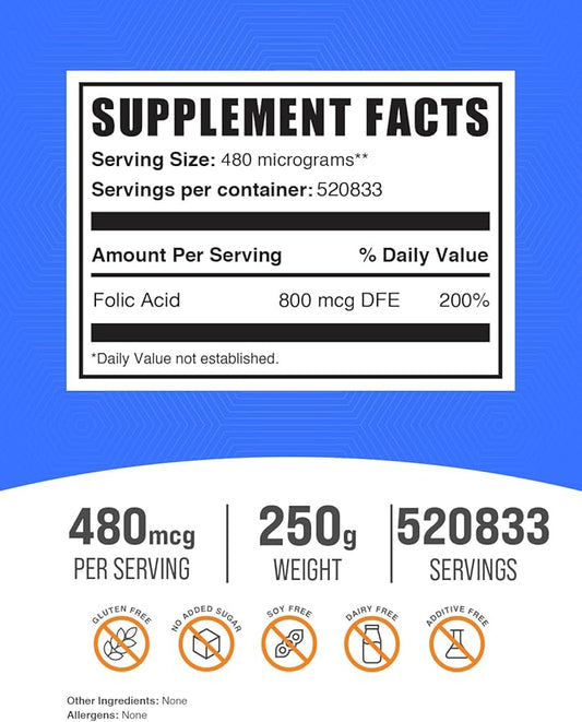 BulkSupplements.com Folic Acid Powder - Vitamin B9, Folic Acid Supplement - Folic Acid Prenatal Vitamins, Folic Acid 800 mcg - Gluten Free, 480mcg per Serving, 250g (8.8 oz) (Pack of 1)