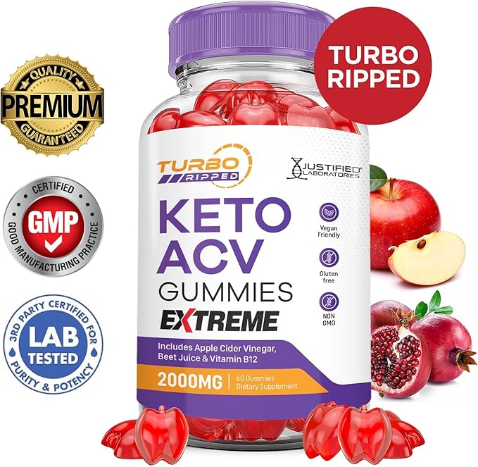 Justified Laboratories Turbo Ripped Keto ACV Gummies Extreme 2000MG Turbo Ripped Keto Gummies Apple Cider Vinegar Formulated with Pomegranate Beet Juice Powder B12 Vegan Non GMO 60 Gummys