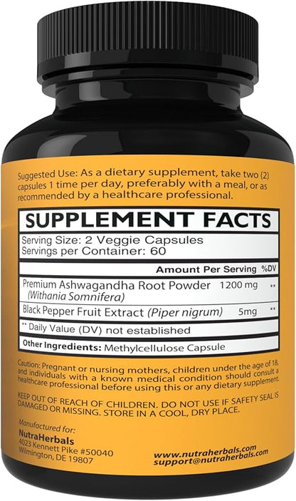 Ashwagandha Supplement Made with Premium Ashwaganda 1200mg with 120 Vegi