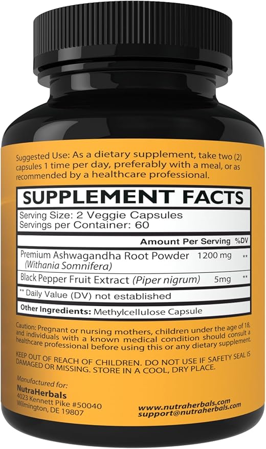 Ashwagandha Supplement Made with Premium Ashwaganda 1200mg with 120 Vegi
