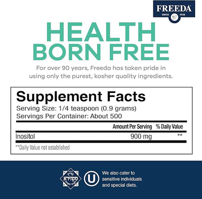 FREEDA Inositol Powder from Myo-Inositol - Hormone Balance for Women - PCOS Supplements for Women - Vitamin B8 Conception, Fertility Support - Myoinositol for Mood Improvement in Men & Women -16 oz