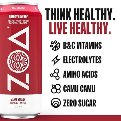 ZOA Zero Sugar Energy Drink, Cherry Limeade - Sugar Free with Electrolytes, Healthy Vitamin C, Amino Acids, Essential B-Vitamins, and Caffeine from Green Tea - 16 Fl Oz (12-Pack)