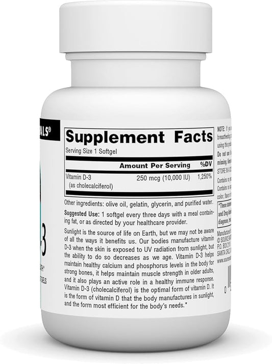 Source Naturals Vitamin D-3, Supports Bone & Immune Health*, 250 mcg (10,000 IU) - 60 Softgels