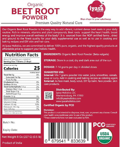 Iyasa Organic Beet Root Powder, Plant Based, Vegan, Gluten-Free, Beetroot Superfood, Nitric Oxide Boost, Pre Post Workout Supplement, Baking and Cooking 1 lb 16 oz 453 gm