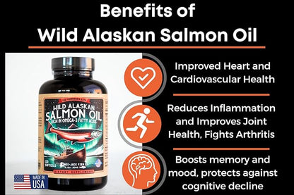 Wild Alaskan Salmon Fish Oil Omega 3 Supplement 120 Softgels 1000mg Salmon