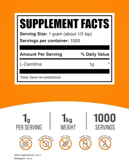 BulkSupplements.com L-Carnitine Powder - Carnitine Supplement, L Carnitine 1000mg, Carnitine Powder - Amino Acids Supplement, Energy Support - Gluten Free, 1g per Serving, 1kg (2.2 lbs)