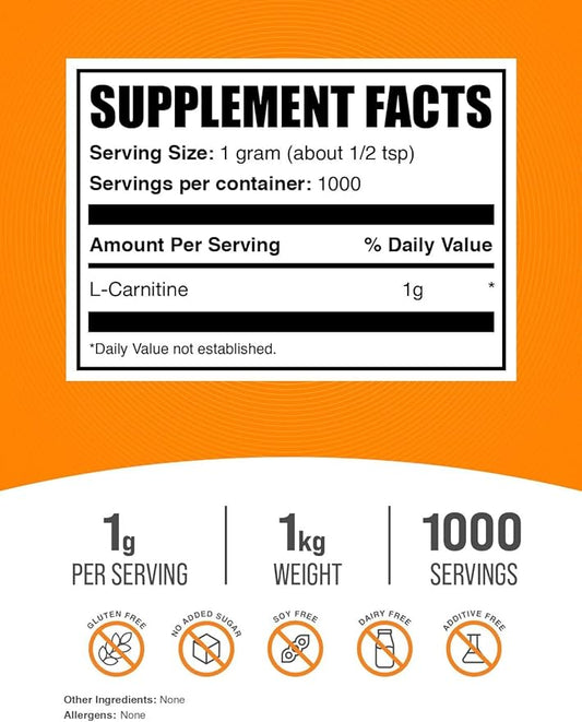 BulkSupplements.com L-Carnitine Powder - Carnitine Supplement, L Carnitine 1000mg, Carnitine Powder - Amino Acids Supplement, Energy Support - Gluten Free, 1g per Serving, 1kg (2.2 lbs)
