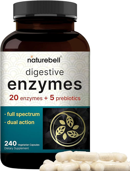 NatureBell Digestive Enzymes with Prebiotics 240 Veggie 20 Enzyme 5 Prebiotic