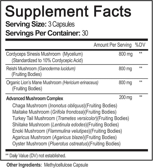 NutriFlair Mushroom Supplement 2600mg, 90 Capsules - 10 Mushrooms Blend - Reishi, Lions Mane, Cordyceps, Chaga, Turkey Tail, Maitake, Shiitake, Oyster Nootropic Complex - Brain, Energy, Focus Pills