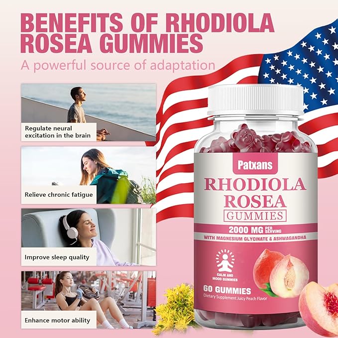 1 Pack 2000MG Sugar Free Rhodiola Rosea Gummies-Rhodiola Supplement ＆ Cortisol Reducer for Endurance, Mood ＆ Stress, Sleep ＆ Fatigue Relief Support, Non-GMO, 60 Tablets Vegetarian Chews